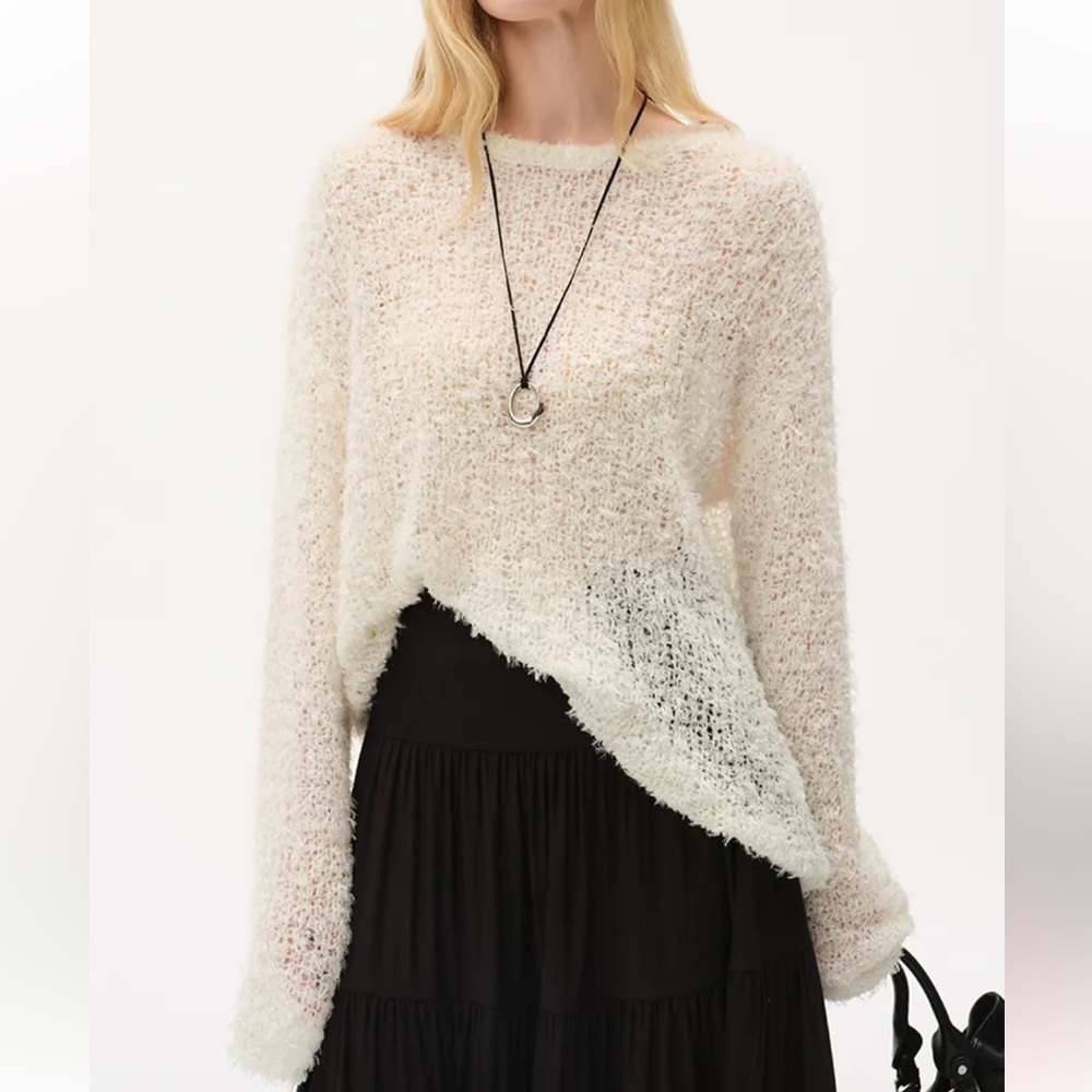 CHIC JANE Cream Fuzzy Open-Knit Pullover Sweater Boho S